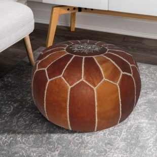 round Moroccan Leather Pouf brown