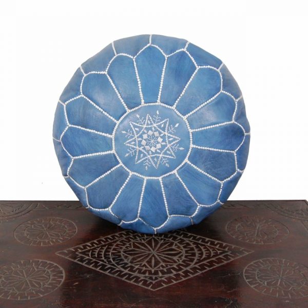 Moroccan Leather Pouf, Blue