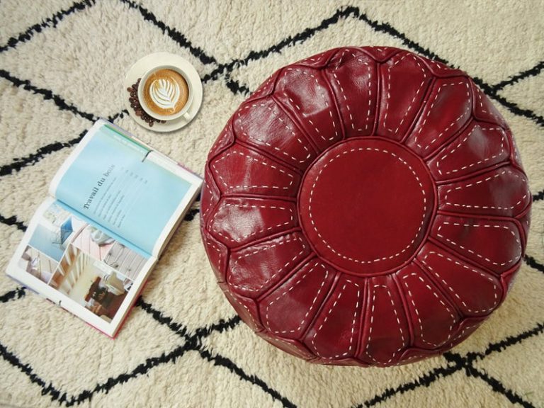 Moroccan Leather Pouf, Dark Red - Image 4