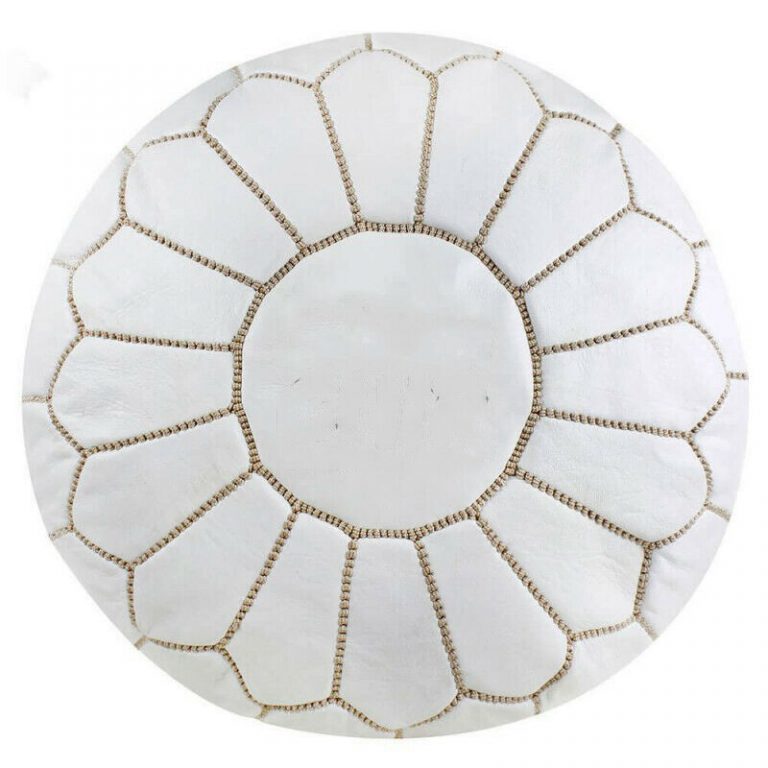 Moroccan Leather Pouf, White - Image 1