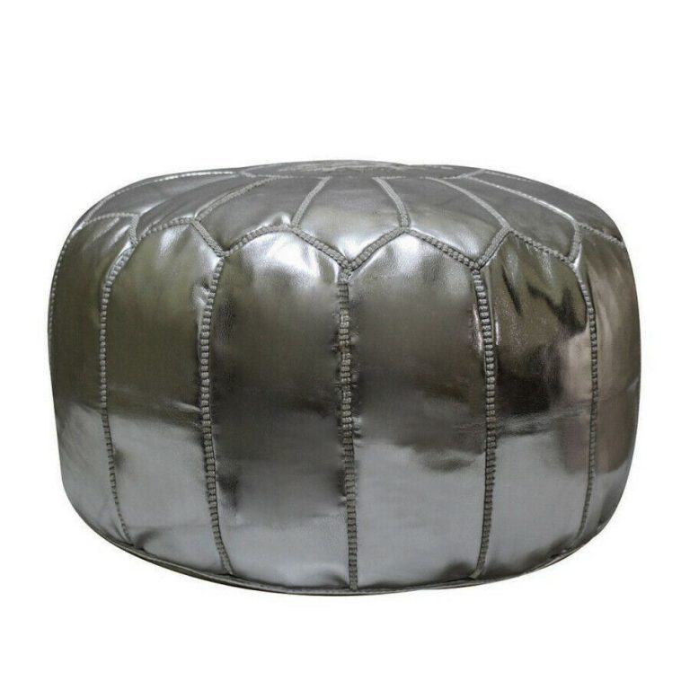Moroccan Leather Pouf, Grey - Image 4
