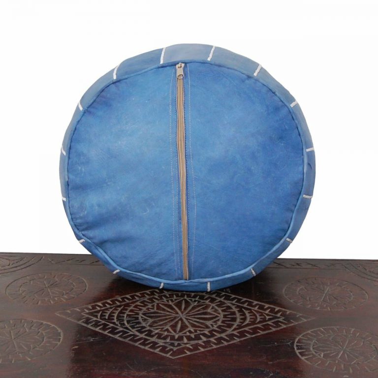 Moroccan Leather Pouf, Blue - Image 4
