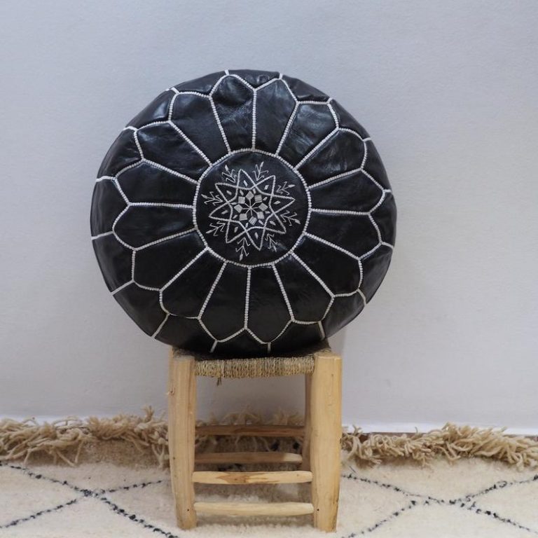 Moroccan Leather Pouf, black - Image 3